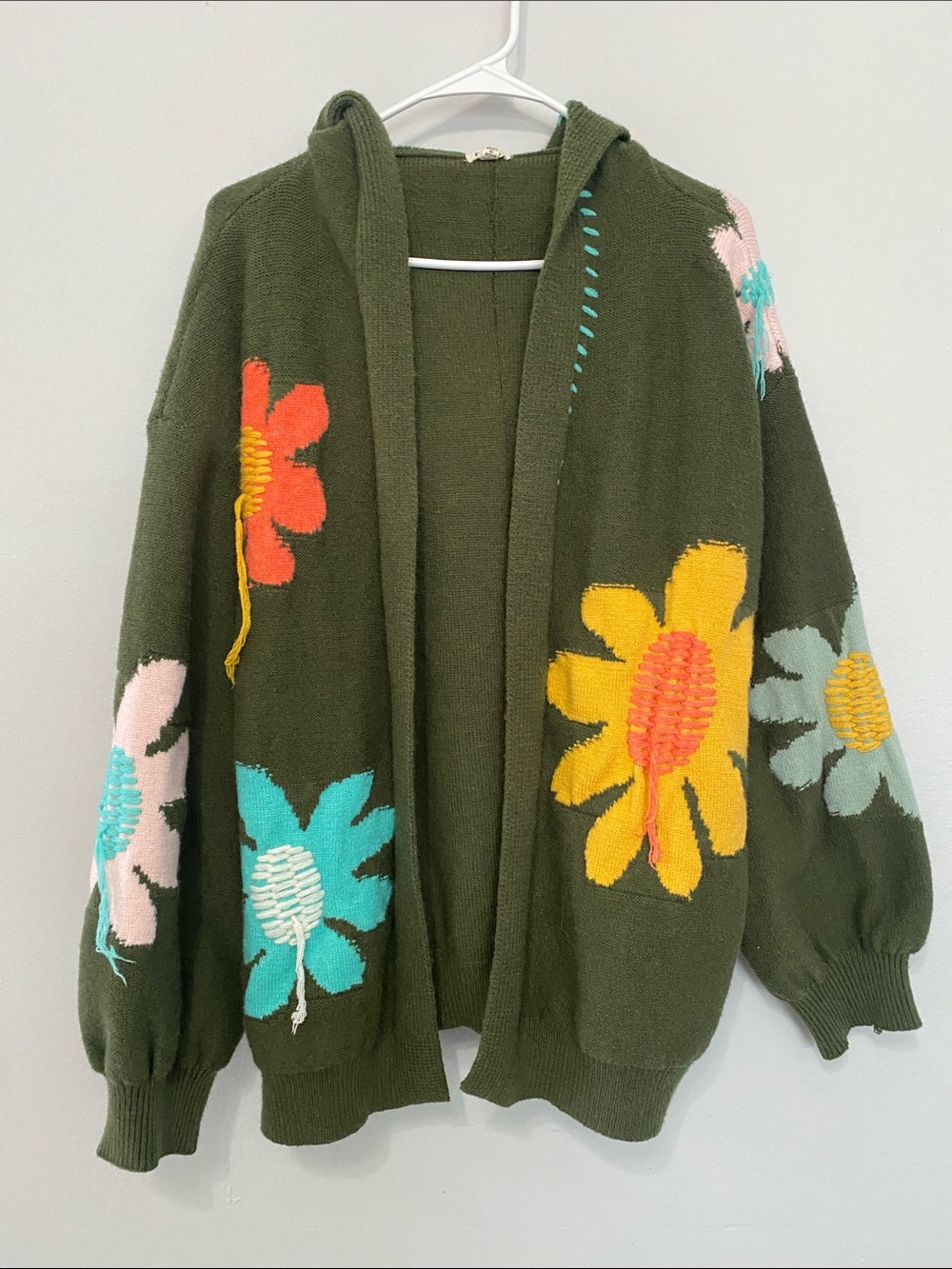 POL ANTHROPOLOGIE Olive Hooded Cardigan with Bright Floral Intarsia WOMANS L - Picture 1 of 8